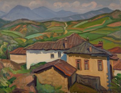 Kastraki, Spring, Houses, Green Background — Oil painting, Canvas, 50.00×65.00cm — Theodoros Markellos